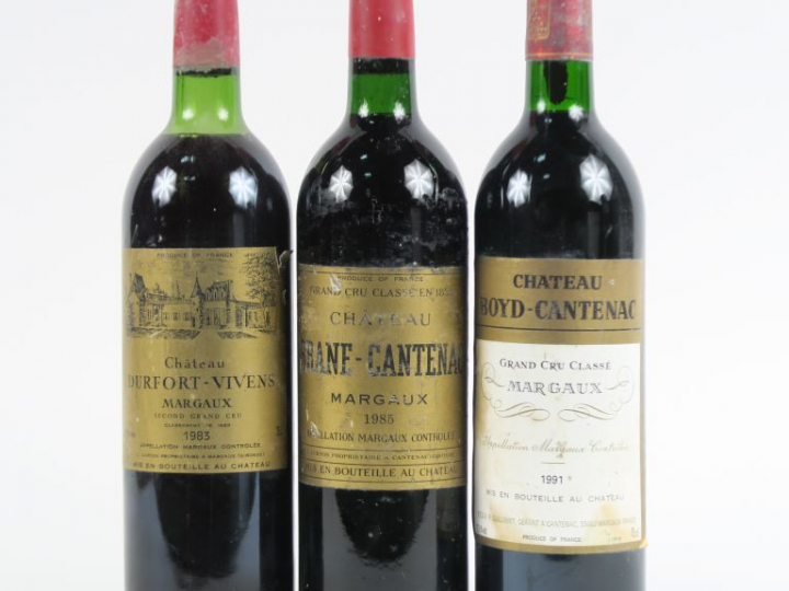 3 BOUTEILLES GCC MARGAUX : 1 CHÂTEAU BRANE CANTENAC 1985 BG - 1 CHÂTEA