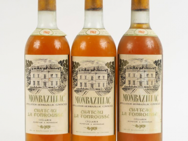 3 BOUTEILLES CHÂTEAU LA FONROUSSE MONBAZILLAC - 1962 - 1 BG/1 LB