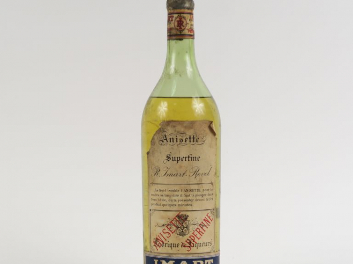 1 VIEILLE BOUTEILLE ANISETTE SUPERFINE R. IMART - CAPSULE ABIMÉE