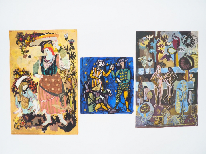 Ecole française XXème.  "La cueillette", " paysage animé exotique" et 