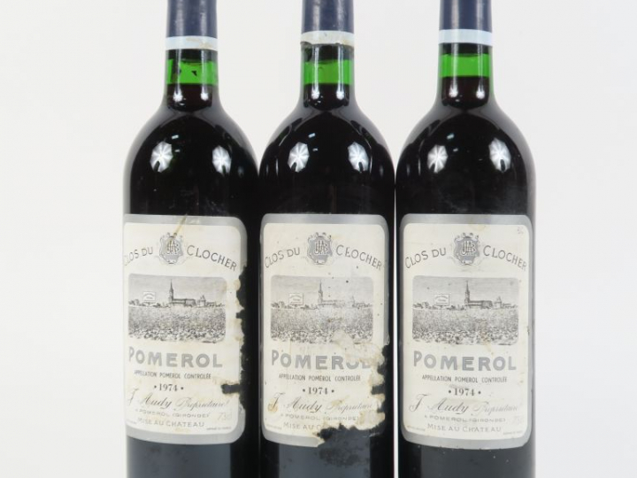 3 BOUTEILLES CLOS DU CLOCHET POMEROL - 1974 - 1 CAPS DÉCHIRÉE/2 EA