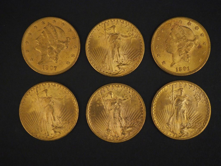 Six pièces de 20 Dollars or, 1891, 1907, 1908, 1922 et 1924. FRAIS ACH