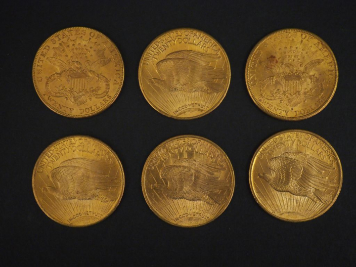 Six pièces de 20 Dollars or, 1891, 1907, 1908, 1922 et 1924. FRAIS ACH