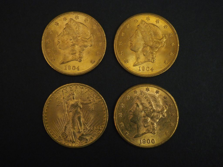 Quatre pièces de 20 Dollars or, 1900, 1904 (x2) et 1908. FRAIS ACHETEU