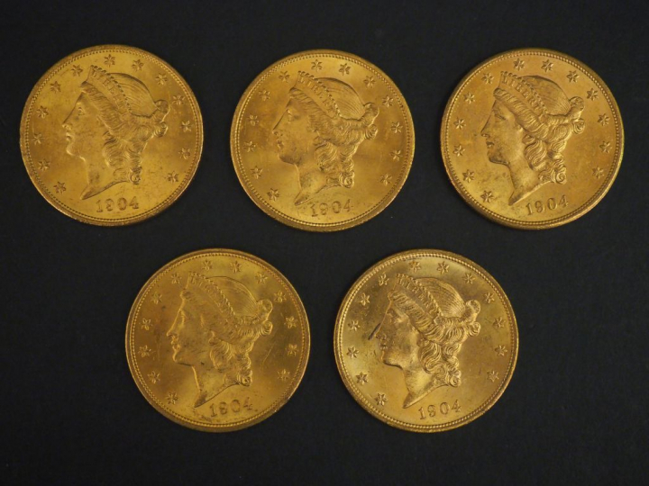 Cinq pièces de 20 Dollars or, 1904. FRAIS ACHETEURS 5% TTC.