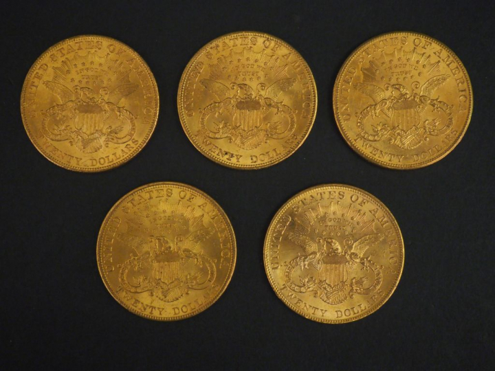 Cinq pièces de 20 Dollars or, 1904. FRAIS ACHETEURS 5% TTC.