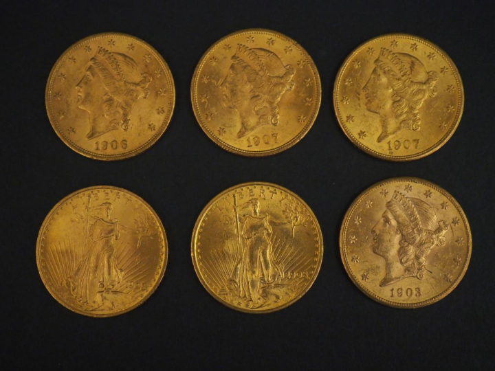 Six pièces de 20 Dollars or, 1903, 1906, 1907 (x2) et 1908 (x2). FRAIS