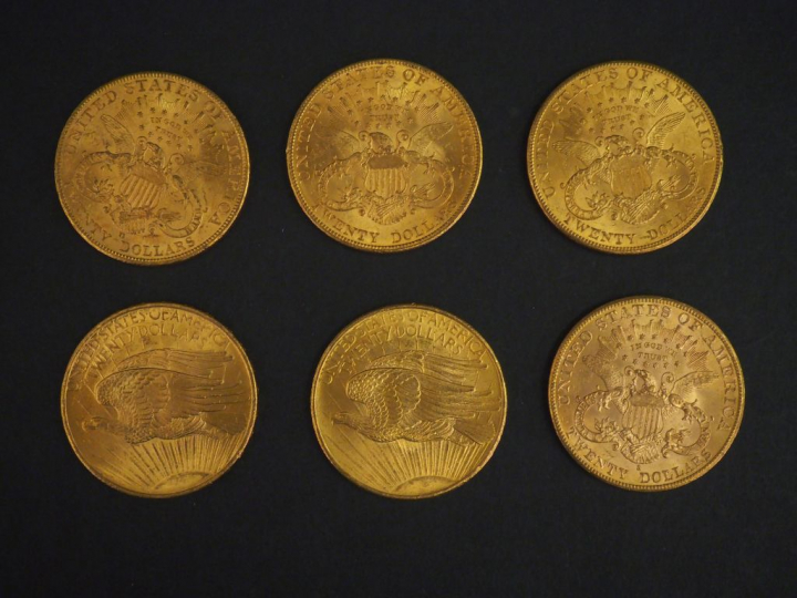 Six pièces de 20 Dollars or, 1903, 1906, 1907 (x2) et 1908 (x2). FRAIS