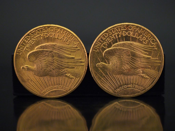 Deux pièces de 20 Dollars or, 1925 et 1927. FRAIS ACHETEURS 5% TTC.