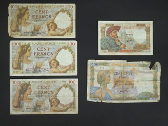 Vente aux enchères 5 billets dont 500 francs, 50 francs et 100 francs.