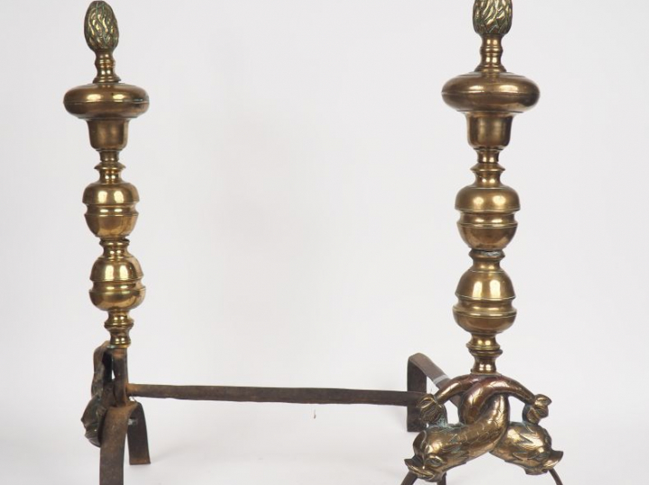 Paire de chenets XVIIIème en bronze et fer forgé à décor de dauphins. 