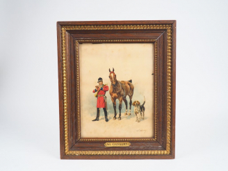 Vente aux enchères Charles de CONDAMY. "Le repos du chasseur". Aquarelle, signée en bas à