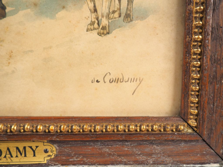 Charles de CONDAMY. "Le repos du chasseur". Aquarelle, signée en bas à
