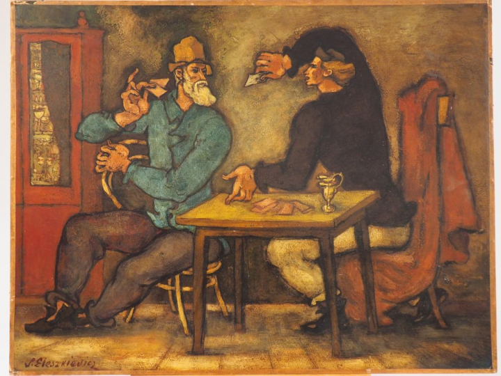 Stanislas ELESZKIEVICZ "Les joueurs de cartes". Huile sur isorel, sign