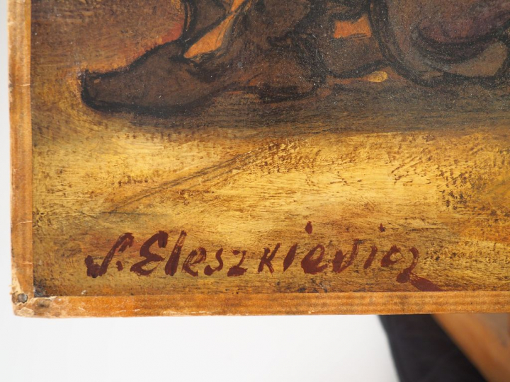 Stanislas ELESZKIEVICZ "Les joueurs de cartes". Huile sur isorel, sign