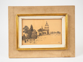 Vente aux enchères Stanislas ELESZKIEVICZ. "Eglise dans la campagne". Dessin au crayon, s