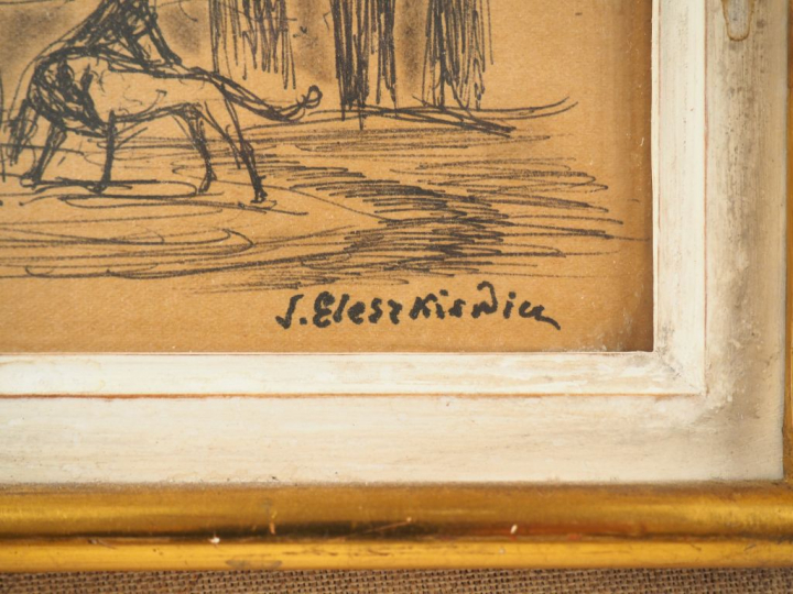 Stanislas ELESZKIEVICZ. "couple d'élégants". Dessin au crayon, signé e