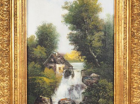 A. FISHER. "Paysage à la cascade". Paire d'huiles sur toile, signées e