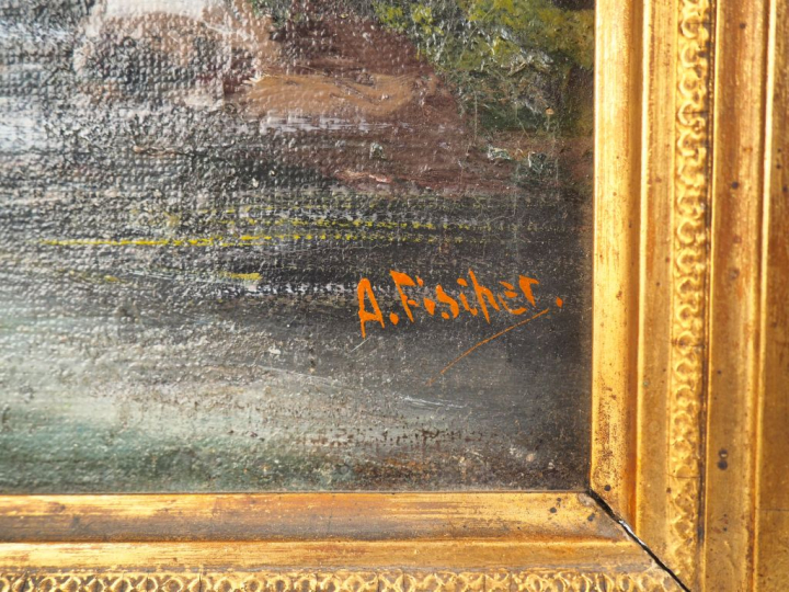 A. FISHER. "Paysage à la cascade". Paire d'huiles sur toile, signées e