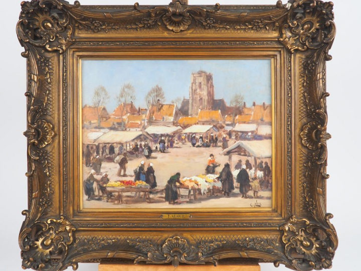 Eugène GALIEN-LALOUE. "Le marché en en Bretagne". Huile sur panneau, s