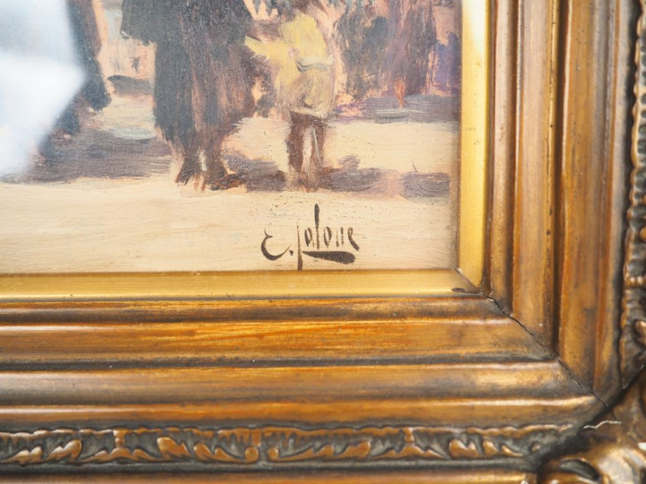 Eugène GALIEN-LALOUE. "Le marché en en Bretagne". Huile sur panneau, s