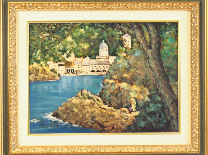 GILARDETTI. "Vue de San Fruttuoso". Huile sur isorel, signée en bas à 