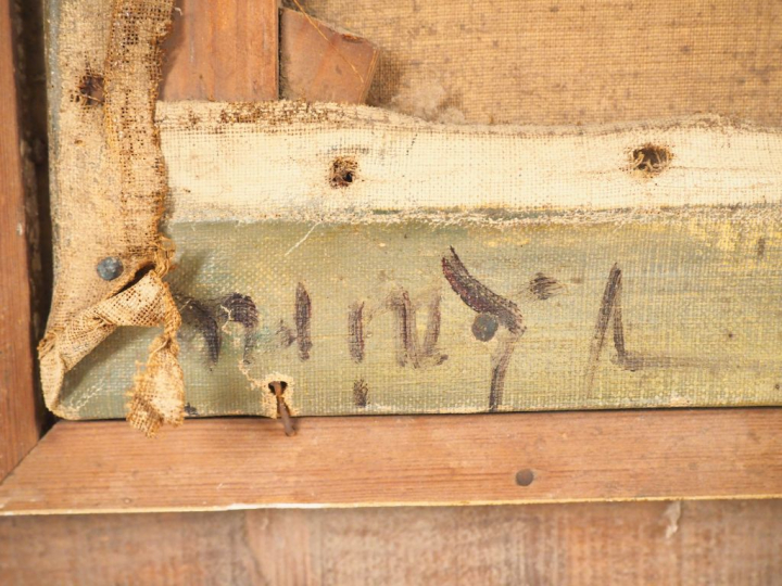 Victor LAINE. "Le panier de fleurs". Huile sur toile, signée au dos. D