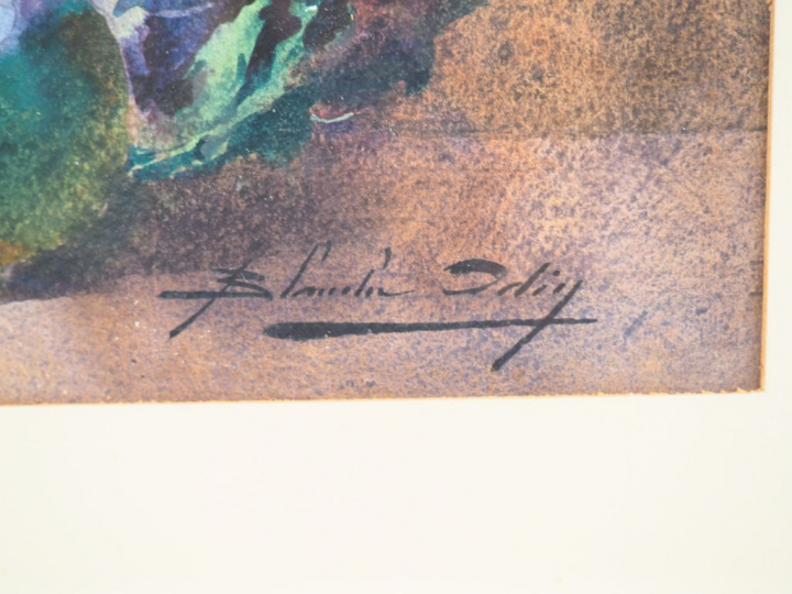 Blanche ODIN. "Bouquet de violettes". Aquarelle signée en bas à droite