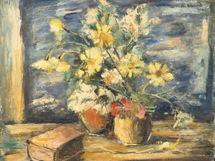 Anders OSTERLIND. "Nature morte au livre et aux fleurs". Huile sur toi