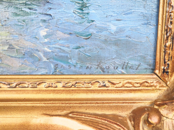 Gaston ROULLET. "les barques de pêche à l'entrée du port". Huile sur t