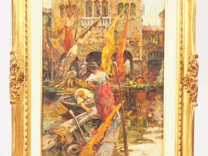 Giuseppe SOLENGHI. "Pêcheurs et gondoles à Venise". Huile sur panneau 