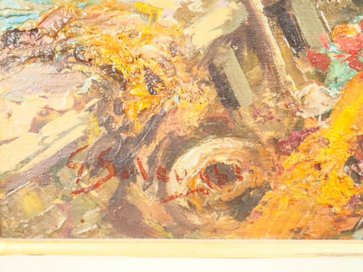 Giuseppe SOLENGHI. "Pêcheurs et gondoles à Venise". Huile sur panneau 