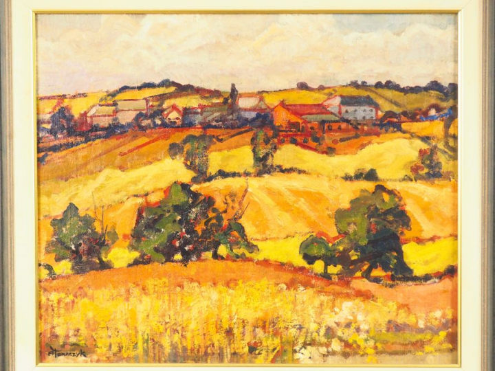 Alex TOMASZYK. "Le hameau en été". Huile sur toile, signée en bas à ga