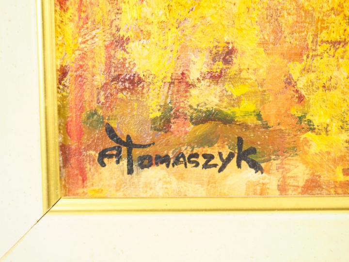 Alex TOMASZYK. "Le hameau en été". Huile sur toile, signée en bas à ga