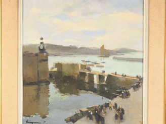 Vente aux enchères VINCIGUERRA. "Vue de port breton animé". Huile sur carton, signée en b