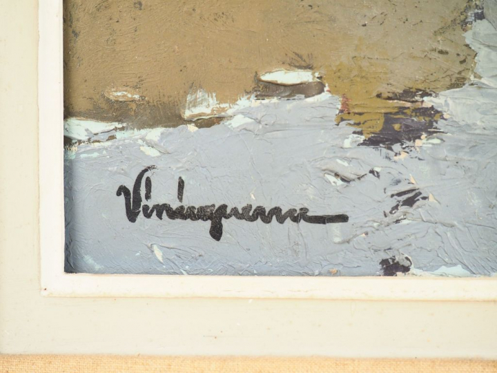 VINCIGUERRA. "Vue de port breton animé". Huile sur carton, signée en b