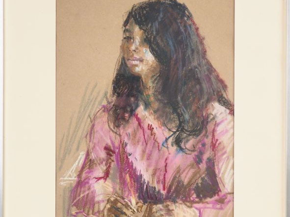 Ecole française XXème. "Portrait de jeune fille à la robe rose". Dessi