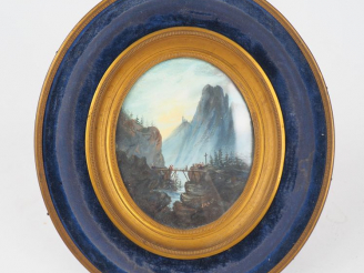 Vente aux enchères ERAUD. Miniature "vue de montagne", signée. Dim. 10 x 8 cm.