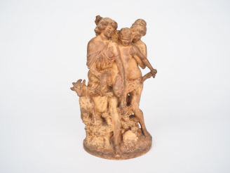 Vente aux enchères Joe DESCOMPS. "Bacchanales". Groupe en terre cuite. Signé. (petits acc