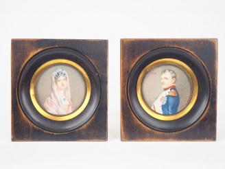 Vente aux enchères MAY. "Portraits du couple impérial". Paire de miniatures signées. Diam