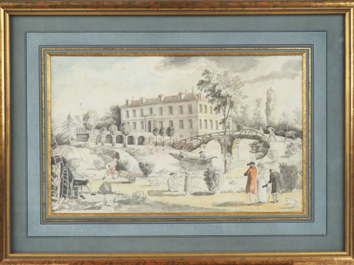 Ecole française fin XVIIIème. "Vue de parc animé". Aquarelle. Dim. 22 