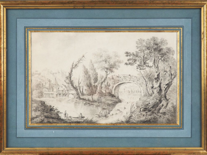 Ecole française fin XVIIIème début XIXème. "paysage animé" Dessin au c