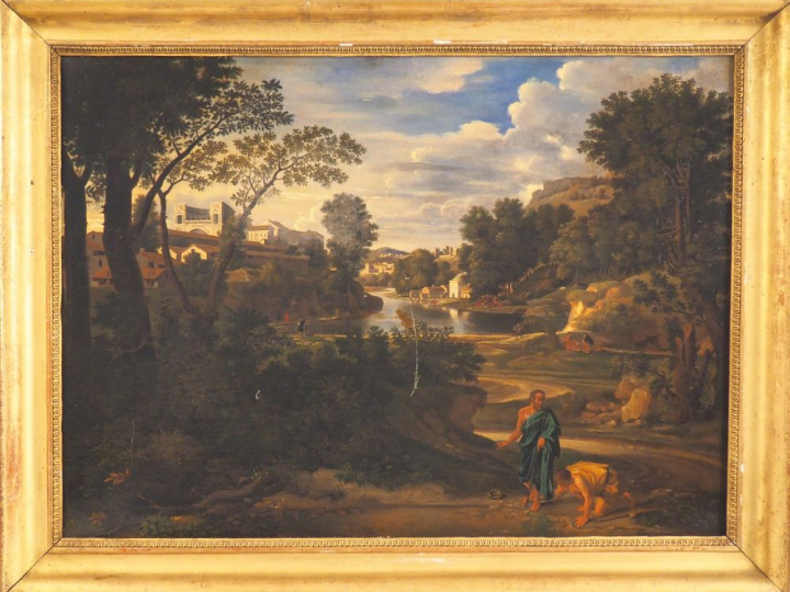 Ecole française fin XVIIIème début XIXème. "Personnages dans un paysag