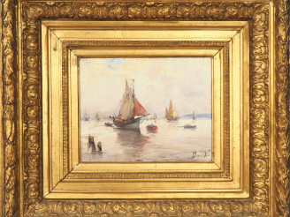 Vente aux enchères Ecole française fin XIXème. "Marine". Huile sur toile, signée en bas à