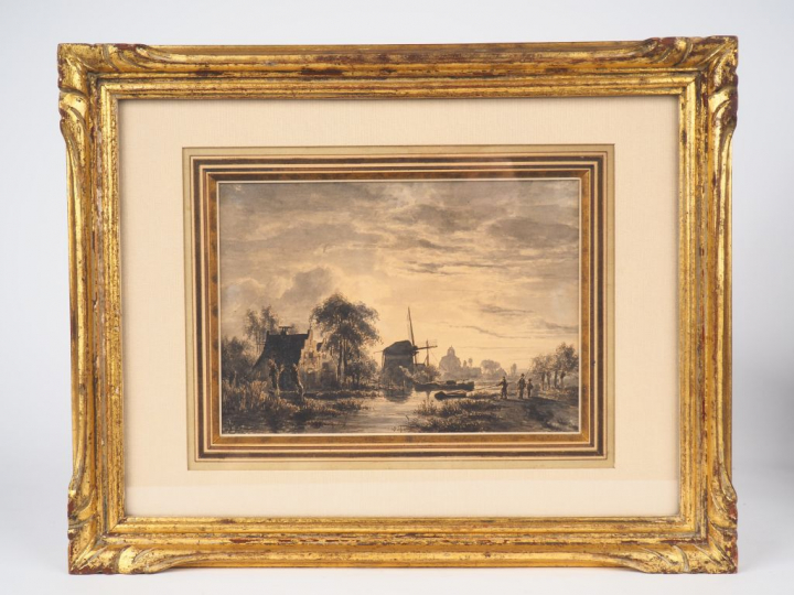 Ecole hollandaise XIXème. "Pêcheurs au bord de la rivière devant un mo