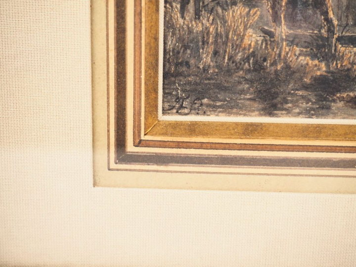 Ecole hollandaise XIXème. "Pêcheurs au bord de la rivière devant un mo