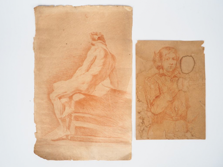 Recueil de dessins d'un amateur comprenant 6 dessins au crayon, 2 sang