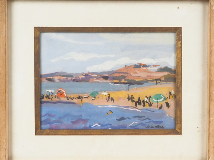 Renée ASPE. "La plage". Gouache, signée en bas à droite. Dim. 22 x 31 