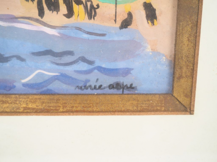 Renée ASPE. "La plage". Gouache, signée en bas à droite. Dim. 22 x 31 