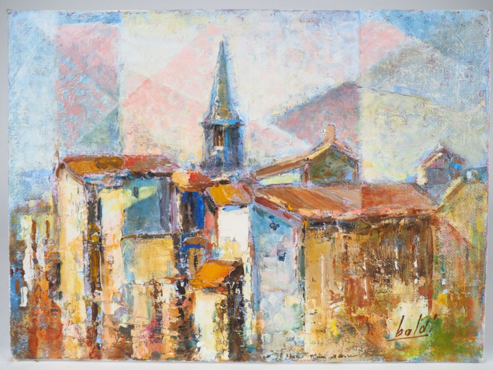Pierre BALDI.  "Vue de Tartas". Huile sur toile, signée en bas à droit